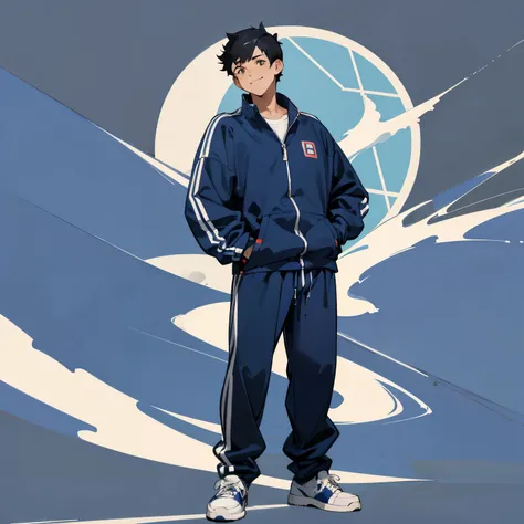 Japanese、Navy blue track suit、sneakers、Large、Standing there doing nothing、Black Hair、the whole body is facing forward、seems kind、Smiling、male、Full body portrait