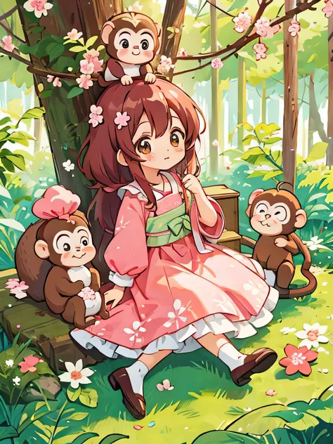 Momoko Sakura style, Kawaii Design, monkey, monkey Forest