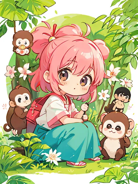 Momoko Sakura style, Kawaii Design, Chibi monkey, monkey Forest