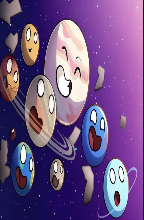 cartoon planetas with faces and faces in the sky, planetas crashing, planetas colliding, floating planetas and moons, planetas in the background, planetas, floating beside planetas, floating planetas, planetas behind, where the planetas are candy, large pl...