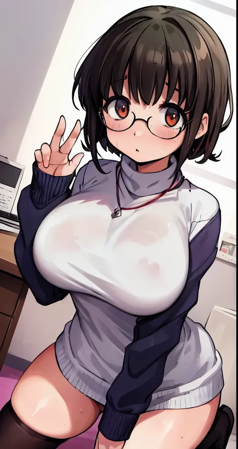 highest quality,(8K Portrait),(Official Art)、obesity、((short hair))、blush,((dark hair)),(Sweat),Black knee socks、One Woman,((:is))、hot、Office Room、Glasses、Thick thighs, Such an ass, Liar, Open crotch, Dettol, Down the Out、(Dynamic pose)、isらしない身体、Dynamic An...