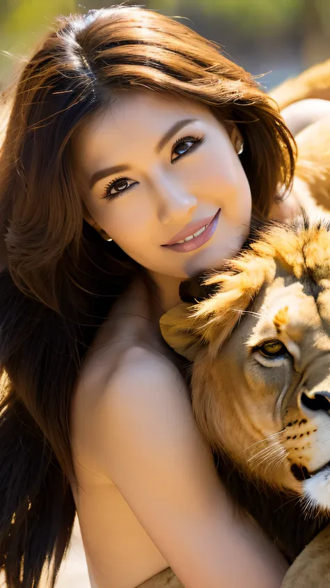 A woman who loves a lion, UHD, retina, masterpiece, ccurate, anatomically correct, textured skin, super detail, high details, high quality, award winning, best quality highres, Famous Hollywood actress,