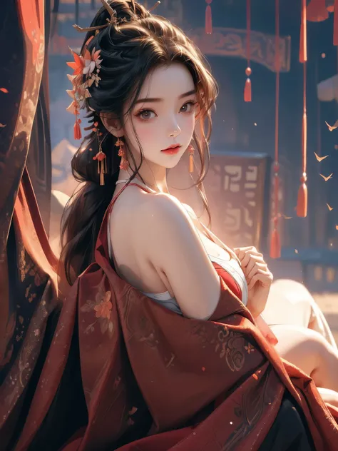 Gentle and lovely Chinese beauty, Exquisite and sexy clavicle, Charming goose egg face, Double eyelids, Bright peach blossom eyes, Pink lips, Small upturned nose, Bare shoulders, Plump buttocks, Beautiful long legs, focused face, Close-up of face, Ultra HD...