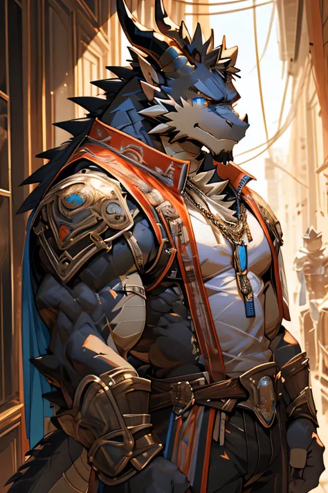 Anime style，Exquisite，Intricate details，Dragon Orc，Normal body proportions，Gray black scales，Off-white pattern on chest，Wearing white shoulder armor，（Wear a white T-shirt，Light blue shorts），Blue Eyes，Black dragon horns of medium length