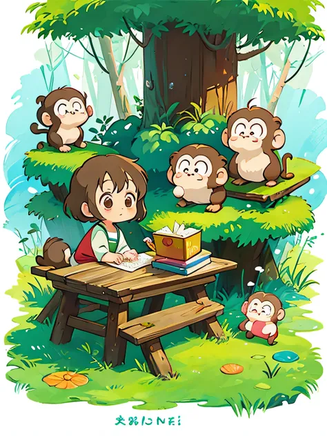 Hayao Miyazaki style, Kawaii Design, Chibi girl monkey, monkey Forest