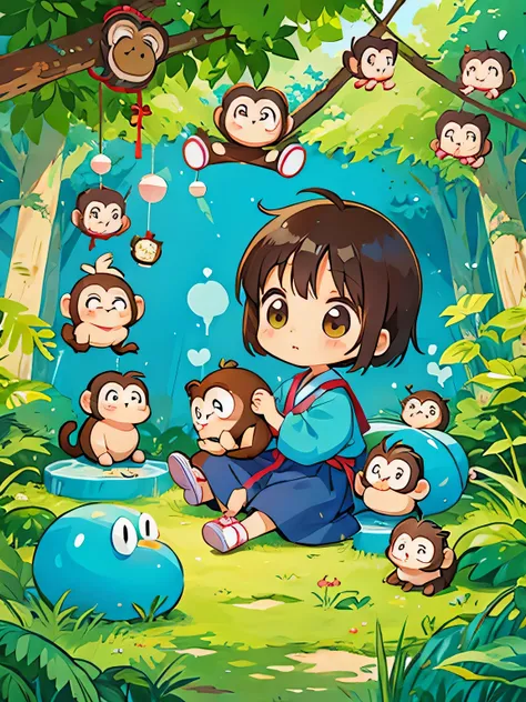 Fujio Akatsuka style, Kawaii Design, Chibi girl monkey, monkey Forest