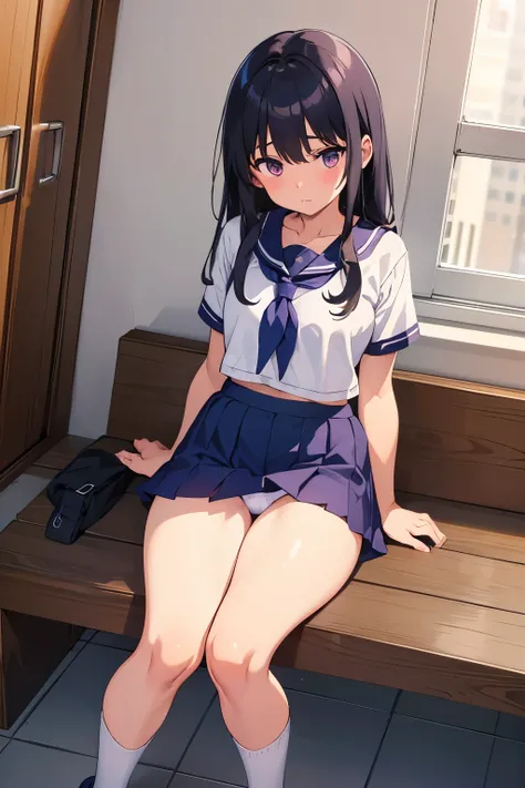 School gym　Elementary school girl, 8 years old　Flat chest, black hair, long hair, purple eyes　White upper body gym clothes　Bloomers under a navy blue miniskirt　Navy blue thick panties（（Bloomers are visible）） White socks　sneakers　School gym　Sitting Dynamic ...