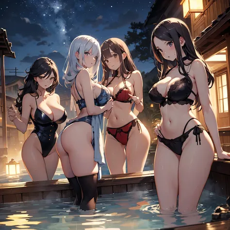 A group of women set in a medieval fantasy world、Dragon Quest、 (At the hot spring), Mr.々Hair style, Harem, night, Detailed aspect,  Seduce, Huge Breasts、Big Ass、wide waist width、Wet bath towel