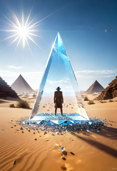 there is a man standing in the desert with a large object, full of glass. cgsociety, magical crystals, still frame from a movie, inspired by Louis Mathieu Verdilhan, album art for a trance dj, the rift, triangle shards, cinematic lens flare, connectedness,...