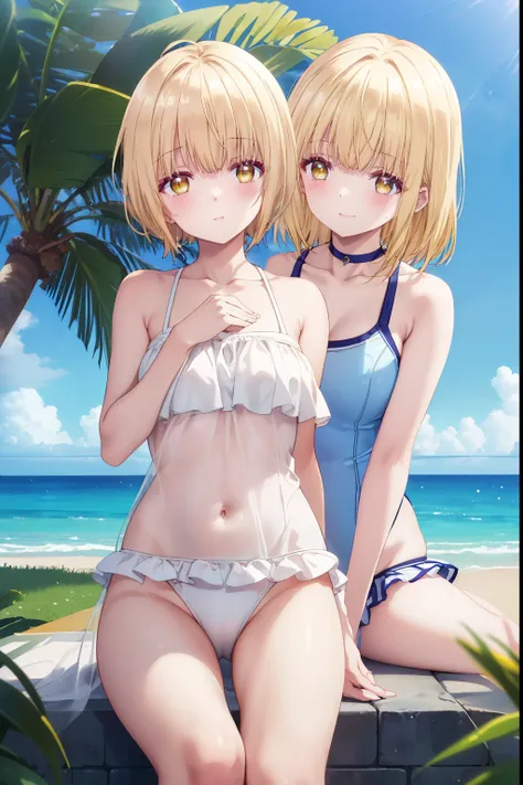 Mahiru shiina, , blonde, (Yellow Eyes:1.3)、Half Bob Hair,,blush,smile,Ocean、Wearing a cute swimsuit,Daytime、Wear a swimsuit、Captivating thighs、Beautiful bare legs, Revealing swimsuit、bikini、School Swimsuit
（masterpiece:1.2), highest quality, High resolutio...