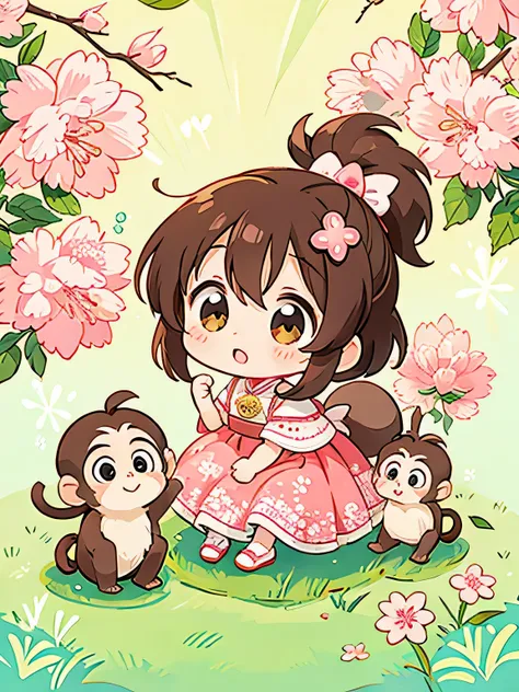 Momoko Sakura style, Kawaii Design, Chibi girl monkey, monkey Forest