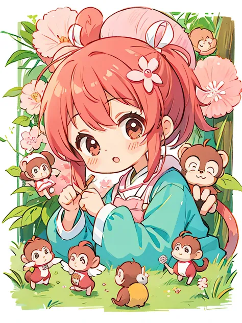 Momoko Sakura style, Kawaii Design, Chibi girl monkey, monkey Forest