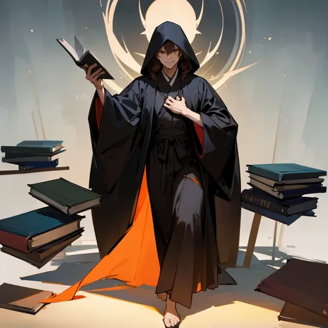 Black Robe、Shady man in a robe、The hood is pulled down too far、Has a creepy smile、Brown Hair、one person、Books１I have a book in my hand、Full body portrait