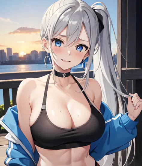 (((masterpiece))), ShizukaMikazuki, One Girl, alone, View your audience, Long Hair, Gray Hair, Long sleeve, Cleavage, Huge breasts,clavicle, Mature Body,Glamorous Body,Trained abdominal muscles,Make your face a little smaller,Make your breasts bigger,tall,...