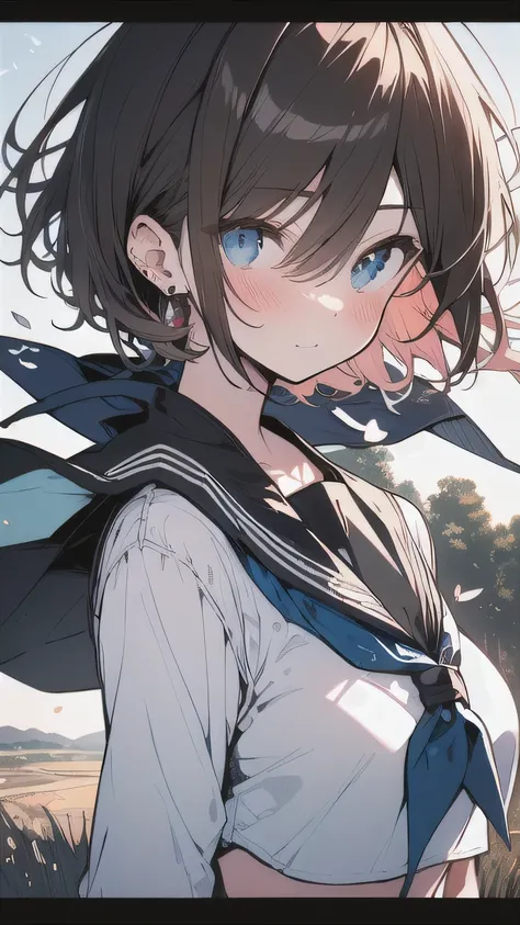 (best quality), (Super detailed), (Best Illustration), (masterpiece), (woman), high contrast, {(white serafuku:1.2)}, (large breasts), {brown hair, (sideburns), (bob cut:1.3), curly hair, hairs between eyes, colored inner hair}, {(detailed eyes), blue eyes...