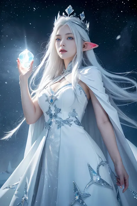 (( Elf girl with long white hair, blue eyes, good shape, long white dress, cape, ice crown, ice earrings )), full body image, Look at the camera., Front camera angle: Wild, Cold Weather, snow, snowfall, Snow droplets, Snow in the air, cinematic scene, Magi...