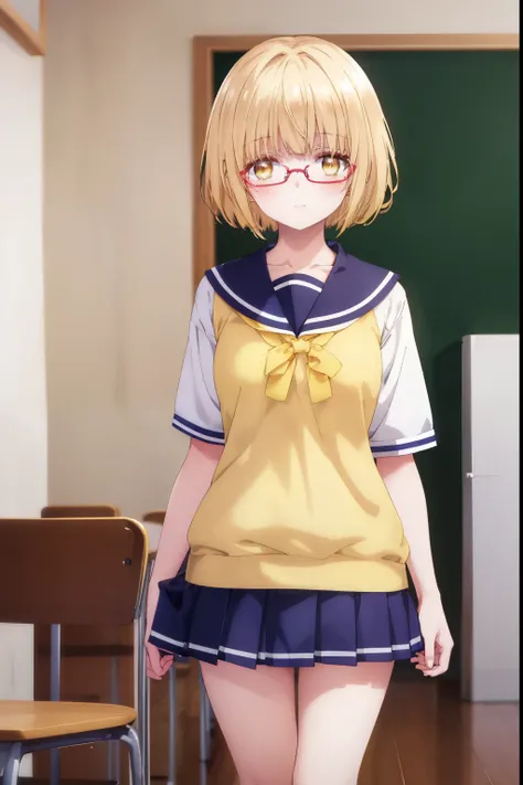 Mahiru shiina, , blonde, (Yellow Eyes:1.3)、Half Bob Hair,,blush,smile,Daytime、at school、School classroom、Captivating thighs、Beautiful bare legs, Short-sleeved sailor uniform、very cute、Wear a miniskirt、wearing cute glasses
（masterpiece:1.2), highest quality...