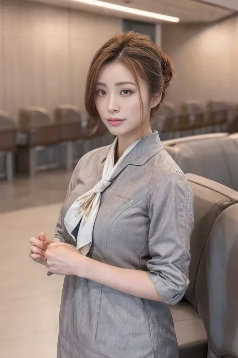 (masterpiece:1.2、highest quality:1.2)、32K HDR、High resolution、(alone、1 girl、Slim figure)、（Realistic style with Starlux Airlines uniform）、 (In the airport lounge, Professional Lighting)、（Starlux Airlines silver uniform:1.4）、（Starlux Airlines silver uniform ...