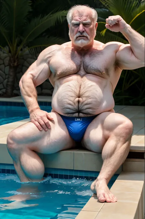 intricate designs, immersive, meticulously crafted, attention to detail, mature old man, virile, tough, plump, bulging, hairy, unshaven, white fur bodyhair, pale skin, grandpa, angry, wet, speedo, barefoot, poolside