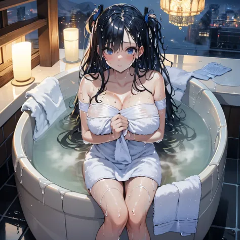 A group of women set in a medieval fantasy world、Dragon Quest、 (At the hot spring), Mr.々Hair style, Harem, night, Detailed aspect,  Seduce, ((Wet bath towel:1.5))、Huge Breasts、Big Ass、wide waist width