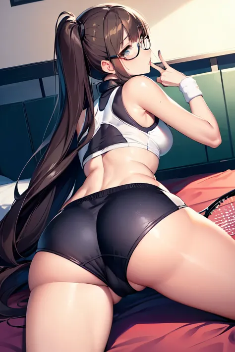 (software:1.5), (Tennis Wear、Skort)、Dark brown wavy long hair、Droopy eyes, Thick thighs, Such an ass, Liar, bed, Open crotch, Dettol, Spread your legs, Show your side, Down the Out、Tears are overflowing、Glasses、(Dynamic pose)、Untidy body、Dynamic Angles、Tur...