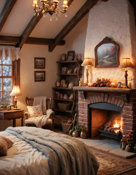 arafed bedroom with a fireplace and a bed in it, a digital rendering inspired by Terry Redlin, trending on cg society, romanticism, thomas kinkade. cute cozy room, very cozy, cozy room, warm interiors, warm fireplace, cozy and calm, warm interior, cozy wal...