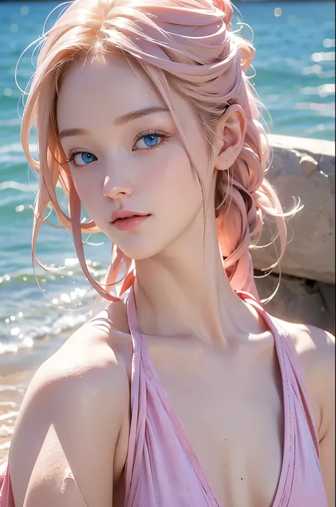 Very beautiful, masterpiece, sexy blonde, pink hair, blue eyes, expressive eyes, detailed skin, realistic skin texture, detailed eyes, pink bikini, tiny bikini, wet bikini, big breasts, on the beach