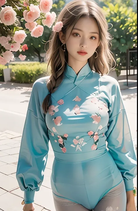 there is a blue sky, white clouds and mountains in the distance、tower and many people，pink flowers，cherry tree，hanfu woman,phoen...