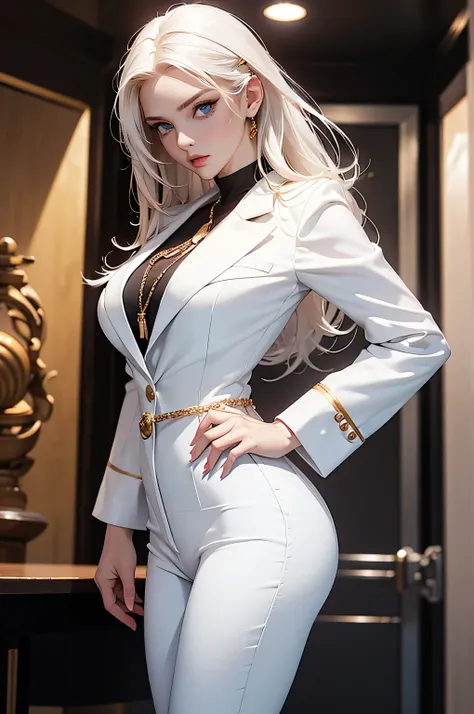 russian beautiful girl in white red blazer, white specdi medium breast, beautiful blue eyes, black bell bottom, , high waist bell bottom, high waist, bell bottom trouser, highneck, golden chain in neck, medium breast, highneck white, black trouser, black b...