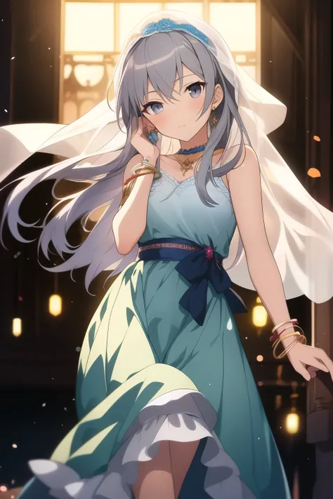 Anime older girl with long gray hair and gray eyes, wearing a flowy dress that follows her movements with bangles and bracelets on her wrist and a veil on her head, with bright decorations surrounding her