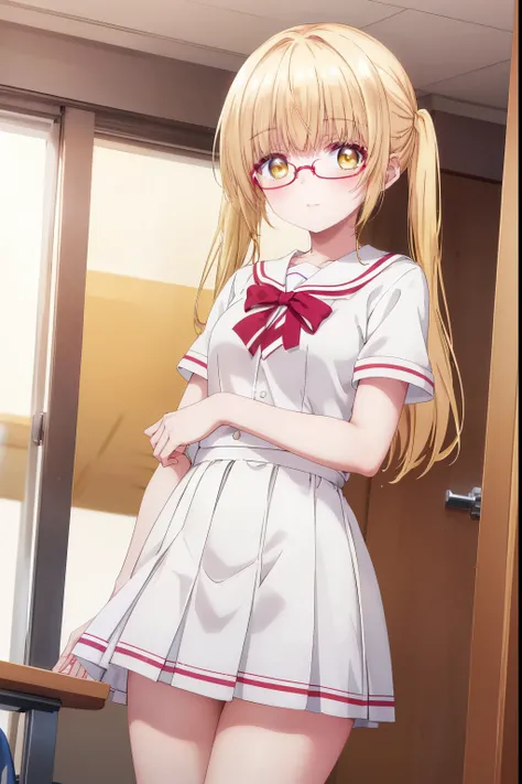 Mahiru shiina, , blonde, (Yellow Eyes:1.3)、Twin tails,,blush,smile,Daytime、at school、School classroom、Captivating thighs、Beautiful bare legs, Short-sleeved sailor uniform、very cute、Wear a miniskirt、wearing cute glasses、Lolita、Small breasts
（masterpiece:1.2...