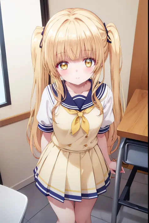 Mahiru shiina, , blonde, (Yellow Eyes:1.3)、Twin tails,,blush,smile,Daytime、at school、School classroom、Captivating thighs、Beautiful bare legs, Short-sleeved sailor uniform、very cute、Wear a miniskirt、wearing cute glasses、Lolita、Small breasts
（masterpiece:1.2...