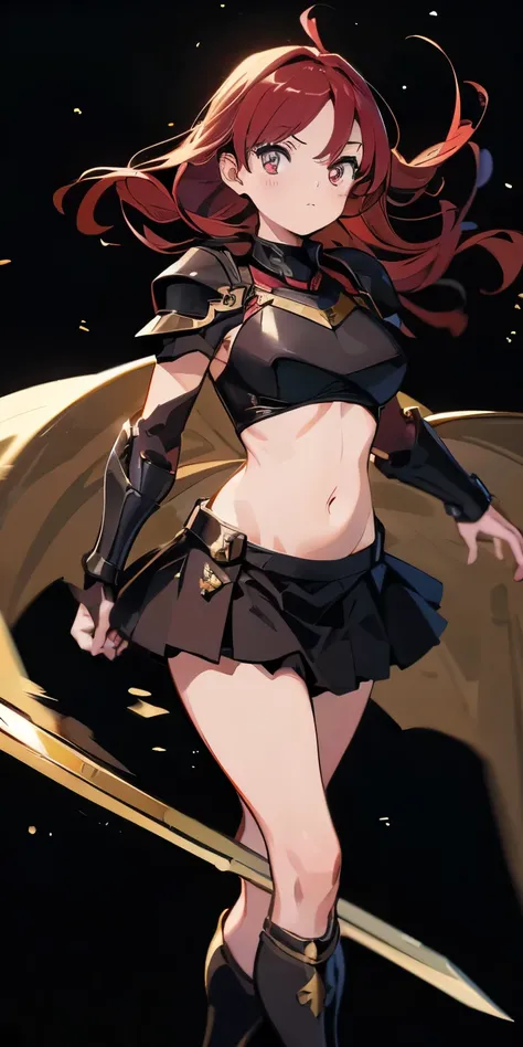 (masterpiece), (highest quality), (Beautiful eyes and face), (Perfect female body),Hollow Eyes 1 Girl, alone, Red Hair,, Brown eyes,Large Breasts,
Black armor,Demon Armor,wing,belly button,abdomen, Uplifting,Swinging the Sword,Holding the Sword,
Black Back...