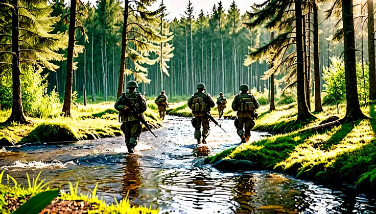 Armed soldiers walking in an open camco forest 4 soldiers the forest with a small river of water with sunny weather in 4k,8k,HDR,Gaming