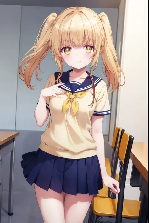 Mahiru shiina, , blonde, (Yellow Eyes:1.3)、Twin tails,,blush,smile,Daytime、at school、School classroom、Captivating thighs、Beautiful bare legs, Short-sleeved sailor uniform、very cute、Wear a miniskirt、wearing cute glasses、Lolita、Small breasts、Cat pose
（master...