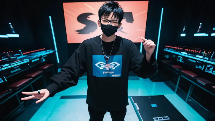 18 year old Shanghai boy, he is wearing a  oversized big blue t shirt long Sleeve, he is wearing black Rope trousers, he is wearing black sneakes, he is wearing a mask, he is wearing glasses, he is playing DJ, NIGHTCLUB, full body, 