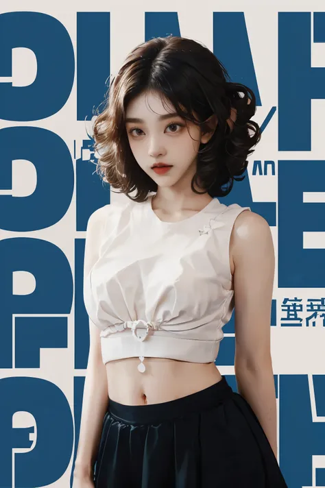 white t-shirt, black tulle_skirt, belly button visible, 1 korean beauty,  (perm hair curly:1.2), (from above), (on_stomach:1.5) ...