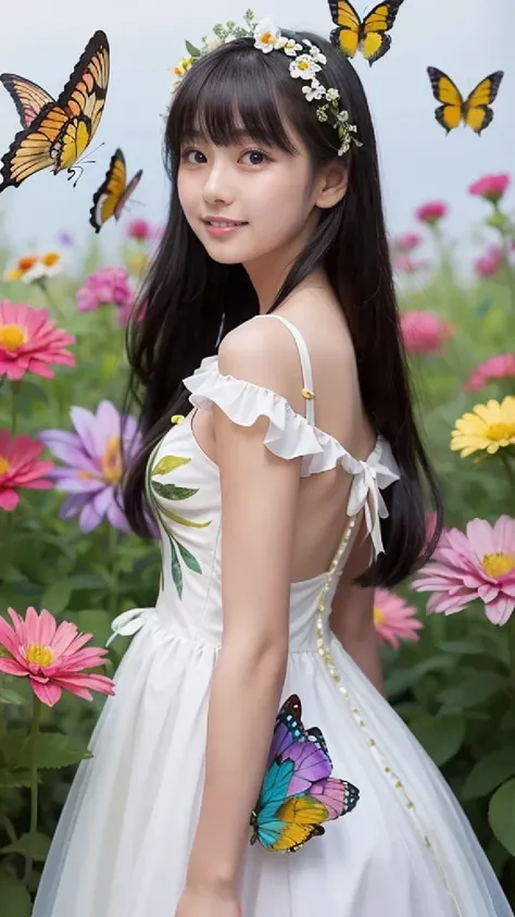 Beautiful girl in a fairy costume, surrounded by flowers and butterflies. content: Watercolor. style: Whimsical and delicate, Like an illustration in a children's book.