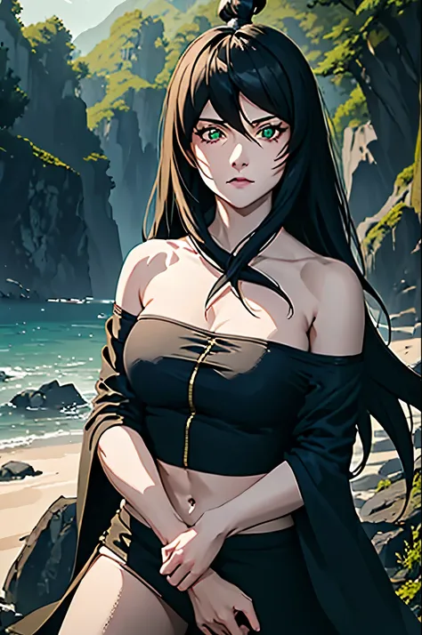 ((masterpiece, highest quality)), (solo focus), (perfect face:1.1), (high detail:1.1),dramatic, 1girl, (pale skin), Green eyes: 1.5, solo, long black hair, Hair over one eye), detailed background, Green shoulderless Kimono, earthbender, Mei from Naruto, (A...
