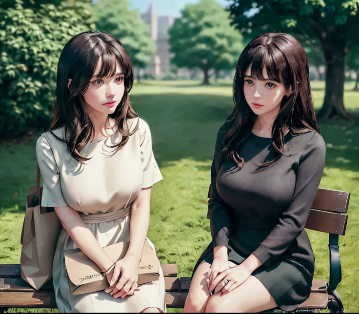 2lady, Sit on it (Bench end), (Office staff outfit) fashionable, Mature female, /(Brown hair/) Bangs, (Looking at the phone), (Masterpiece Best Quality:1.2) Exquisite illustrations with rich details, large breasts rest /(Black Hair/) Bangs, (Staring into t...