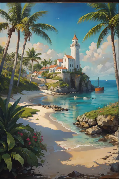 illustration of a medieval fantasy fishing village on the beach, calm ocean, beautiful sunlight, palm trees, beautiful lights, c...