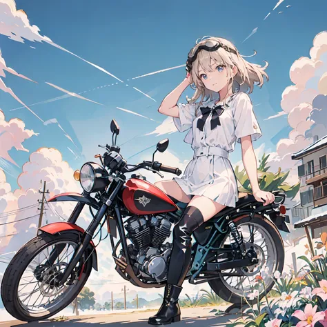 (Ride a classic motorcycle )、（Goggles and helmet）、 summer, Wind, scratch, sun,, Perfect face and blonde hair、軽やかなsummerのドレスを体に纏い、Delicate beauty in black boots、