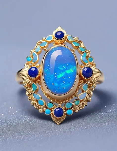 Indian minimalist abstract cartoon rain god image ring design，The main stone is an irregular blue gradient opal，Indian elements，The matching stones are small amounts of lapis lazuli and turquoise，Clams，bead，gem