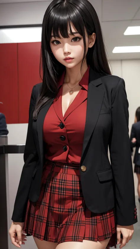 Detailed face、highlight、girl、thigh、breast enhancement、black髪、Heavy bangs、(blazer、red、black、)(Checked skirt、)