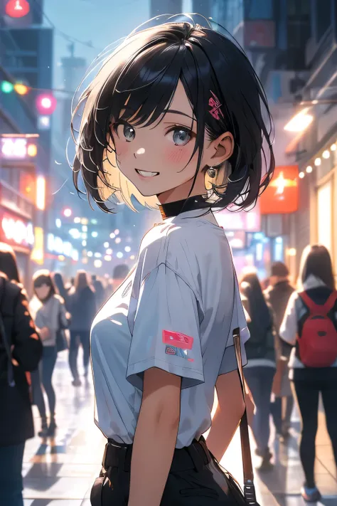 masterpiece, highest quality, One Girl, Medium Long Bob, choker, shirt, Open sweatshirt, finely, masterpiece, Cyberpunk style clothing, A girl standing in the center of town, More backgrounds, gun shop, The subject is very small, The subject is extremely s...