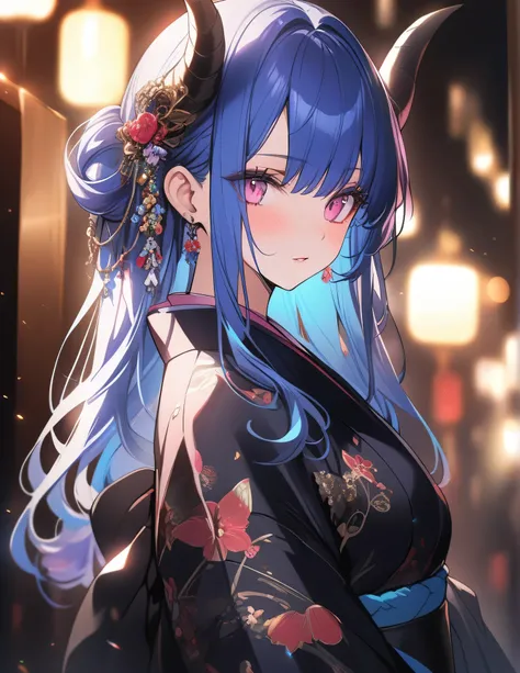 A girl with horns and blue hair, pink eyes, wearing a , and adorned with various accessories. (best quality, ultra-detailed), vivid colors, studio lighting, portraits, anime, bokeh, wearing a dark colour kimono.