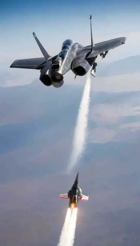 with high definition images、 A US Navy F-14 Tomcat flying in a clear blue sky、 A smooth metallic surface that reflects the sun、 Spread wings、Roar the engine、 Glory of the F-14 Maverick、 Side red、white、The blue emblem shines、 Leaving a trail of condensed wa...