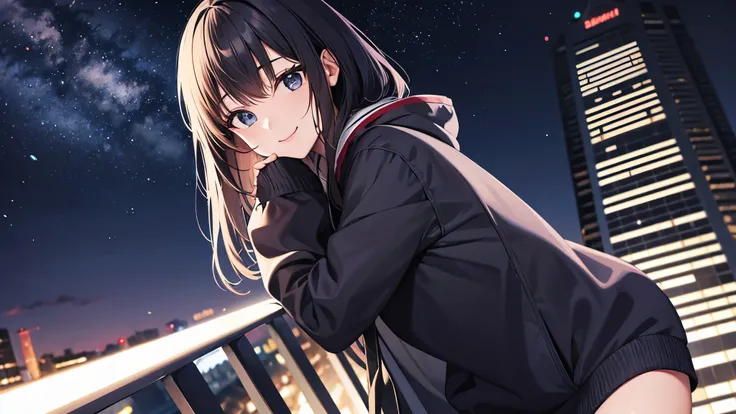 Two-dimensional characters、beautiful girl、smile、Wearing a hoodie、Night view