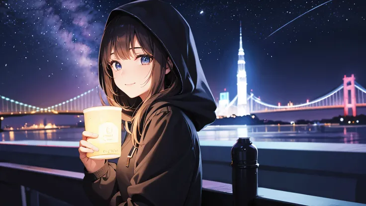 Two-dimensional characters、beautiful girl、smile、Wearing a hoodie、Night view