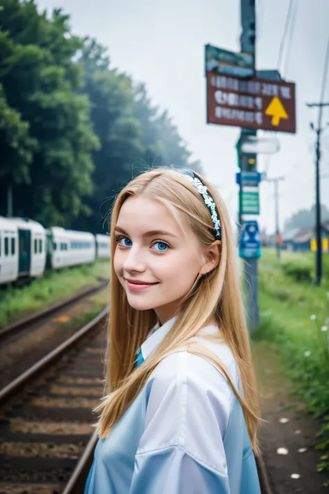 8k, highest quality, masterpiece:1.2),(highest quality:1.0),Ukrainian girl、Blonde、Blue Eyes、Standing at a railroad crossing in the misty countryside、A happy look